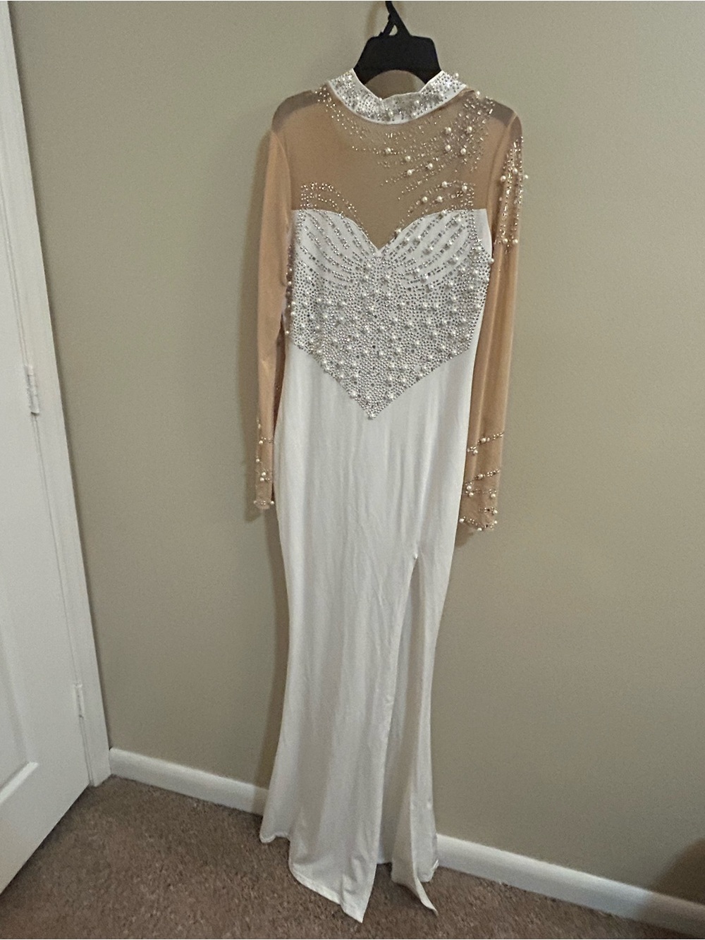 Embellished White & Nude Long Sleeve Evening Gown